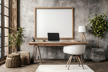 3D Rendered Mockup Frame in a Home Office Interior with Mid-Century Modern Loft Design and Stylish Decor