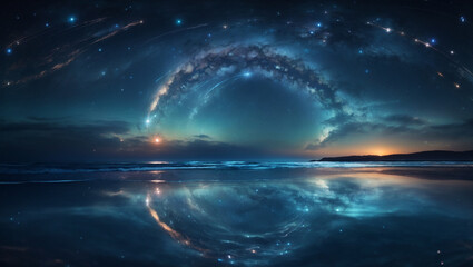 A serene seascape at sunset, with a vibrant galaxy reflected in the calm water. Stars and nebulae are visible above.