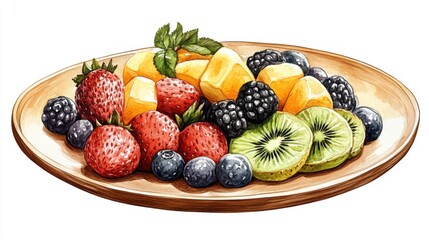 Colorful plate of fresh fruit salad, isolated on white background.