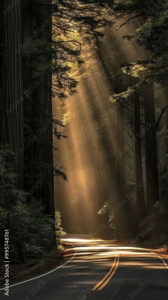 Poster a road with trees on either side and the sun shining on it