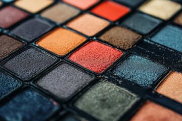 Close up of a sleek makeup palette with neutral and warm shades highlighting smooth textures and soft glowing pigments in a minimalist beauty display