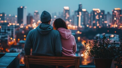 A couple enjoys a romantic evening view of a city skyline filled with lights.