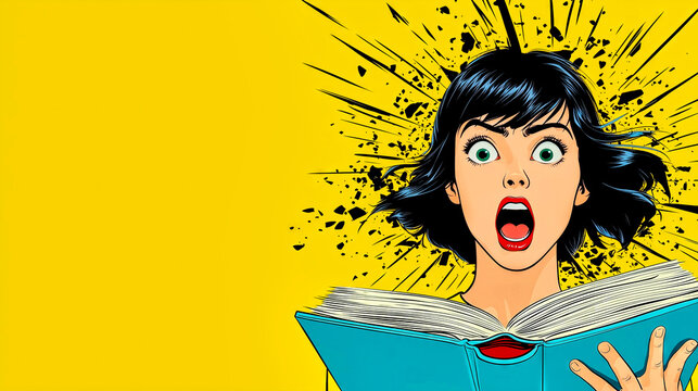 Shocked woman reading book with exploding head on yellow background