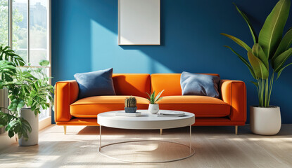 A modern living room with blue wall paint, featuring an orange sofa and a white coffee table. The floor is made of light wood, and there are green plants in the corner.