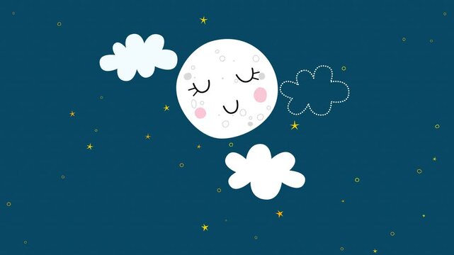 moon and clouds and stars glowing on night sky motion background, kids lullaby and nursery rhyme design element