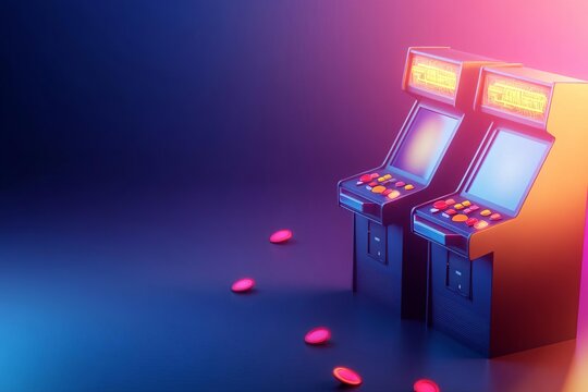 Vintage arcade with classic game machines flat design, top view, 80s theme, 3D render, vivid