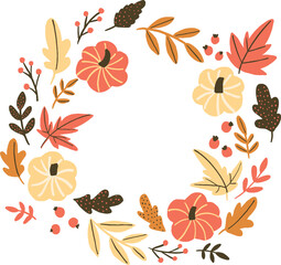 Autumn wreath of pumpkins and fall leaf as oak brown leaves, red maple tree, berries. Nature round frame