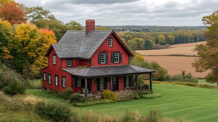 Obraz premium Picturesque Rural Farmhouse on Expansive Acreage with Scenic Countryside Landscape