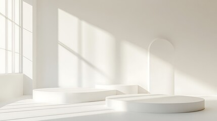 Fototapeta premium Minimalist Abstract Architecture with Pastel and Neon Lighting Featuring Geometric Shapes, Circular Platforms, and Soft Shadows for Futuristic and Artistic Stage Design