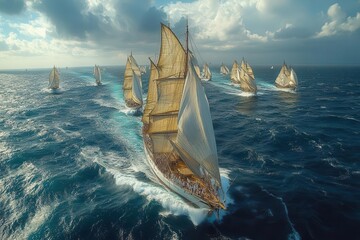 aerial view of a regatta showcasing sailing ships with billowing white sails racing across the high seas capturing the thrill and beauty of the open water