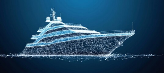 Abstract Wireframe Yacht on Blue, Technology Background 3D Illustration of Modern Ship Design