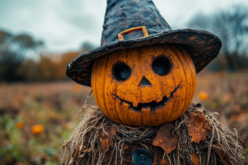 Creative halloween banner with traditional scarecrow on corn field jack o lanterns, Generative AI