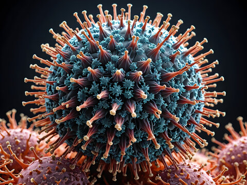 Coronavirus disease COVID-19 infection illustration. Influenza covid virus cells. New XEC Covid-19 close up. Generative AI.