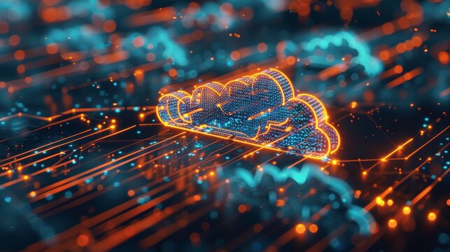 Detailed shot of software-defined networking (SDN) in action, with abstract server icons, cloud structures, and professionals working on virtualized networks, glowing data lines representing cloud