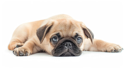 Obraz premium young cute Pug puppy sitting lying down while looking forward isolated on white background