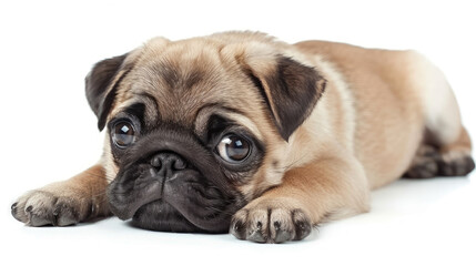 Obraz premium young cute Pug puppy sitting lying down while looking forward isolated on white background