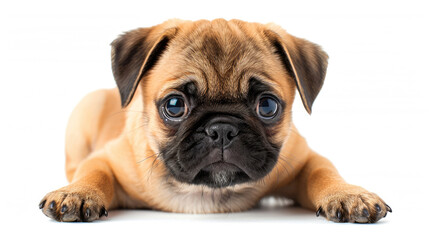 Obraz premium young cute Pug puppy sitting lying down while looking forward isolated on white background