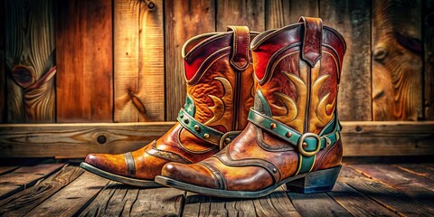 With spurs glinting, rustic cowboy boots rest on a wooden floor, perfectly illustrating the essence of western style