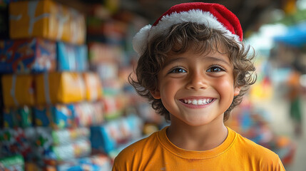 A cheerful boy with curly hair and a Santa hat beams with joy as he poses amidst vibrant gift boxes at a holiday market