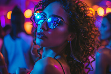 Futuristic neon photo image young people dancing nightclub nightlife pop style, Generative AI