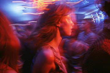 Futuristic neon photo image young people dancing nightclub nightlife pop style, Generative AI