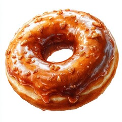 Delicious donut with caramel glaze and crunch topping, isolated on white background.