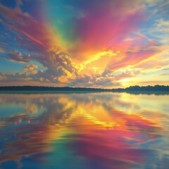 A stunning sunset reflecting on calm water, with vibrant orange and red hues blending into the blue sky and clouds, creating a beautiful evening landscape