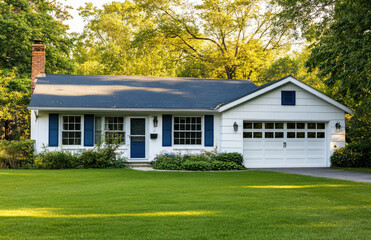 Fototapeta premium an American-style white bungalow with navy blue shutters, nestled in the middle of a dense green lawn and surrounded by trees