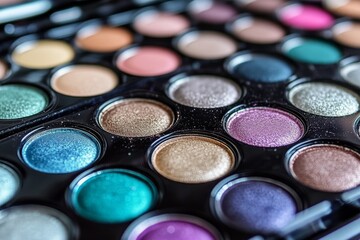 Multicolored professional eyeshadow palette with circular pans featuring vibrant shades in pink blue purple and teal perfect for bold and creative makeup artistry