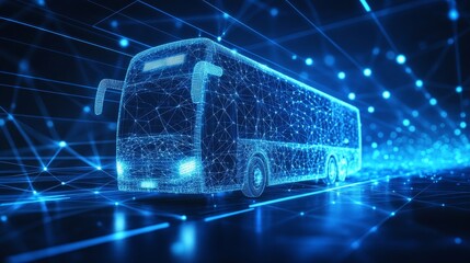 Futuristic Transportation, Digital Bus on Blue Technology Background. Smart City Icon, Lines, Dots.