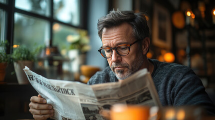 A man with glasses reads the newspaper at a cafe, surrounded by a warm and inviting ambiance during a peaceful morning