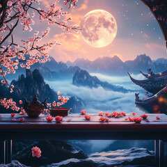 A serene Chinese New Year night scene featuring a full moon over a city skyline, with silhouettes of trees reflecting on the ocean under a starlit sky
