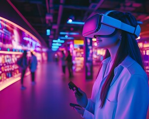 A futuristic Black Friday virtual reality shopping experience, with customers using VR headsets to navigate a digital store, flashy virtual sale displays, and a hightech atmosphere