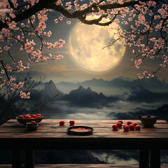 A bright moon, surrounded by trees and a tranquil sea at sunset