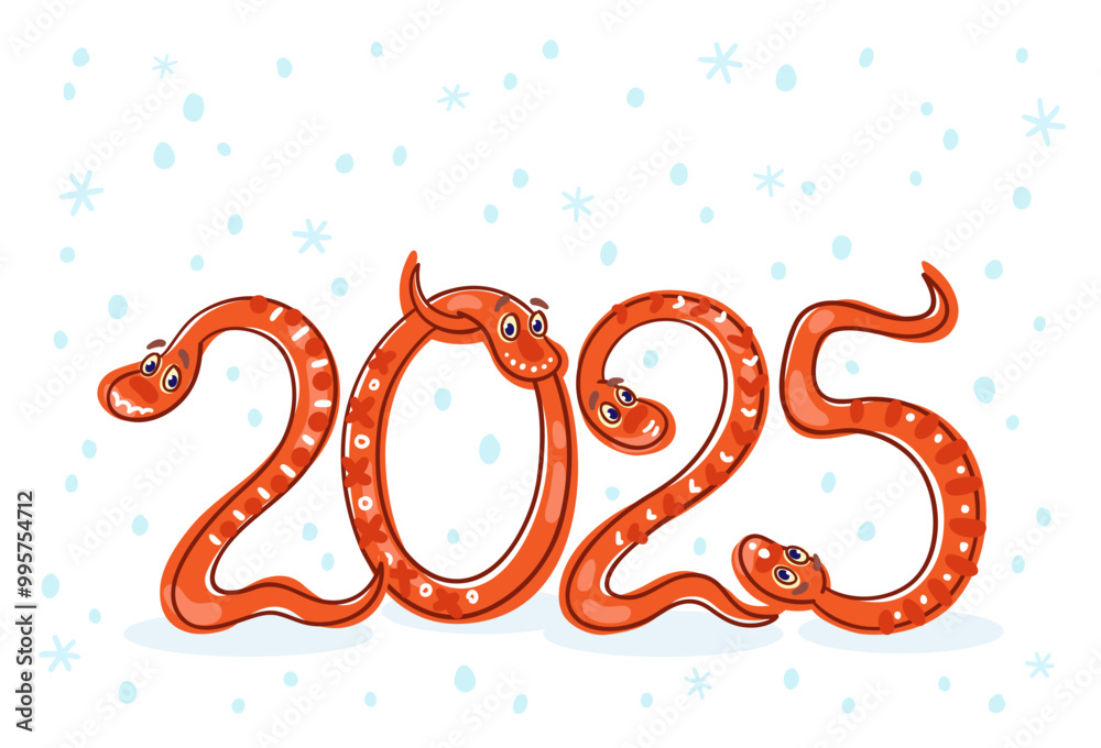 Sticker Four red snakes, the symbol of Chinese New Year, form the number 2025. Congratulation cartoon 
 card. Isolated on white background. Vector flat illustration.