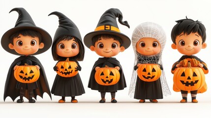 Adorable children in Halloween costumes holding pumpkin buckets, witches, ghost, and pumpkins, festive and playful, Generative AI