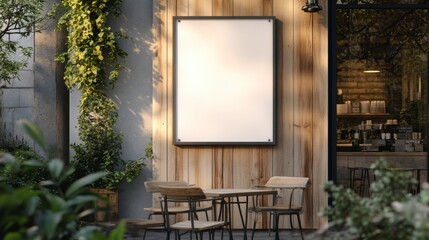 A blank frame on a rustic wooden wall outside a café, surrounded by greenery and furniture, inviting creativity or advertising space.