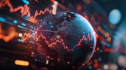 A digital globe surrounded by data graphs and glowing lines, representing global finance and technology trends in a futuristic style.