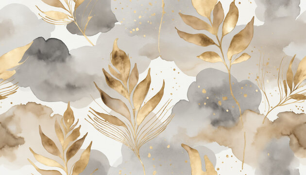 Fond texture aquarelle doux p&acirc;le aplats pastel beige gris feuille dor&eacute; or nature neutre moderne architecte.