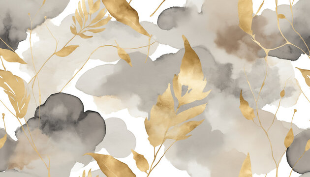 Fond texture aquarelle doux p&acirc;le aplats pastel beige gris feuille dor&eacute; or nature neutre moderne architecte.