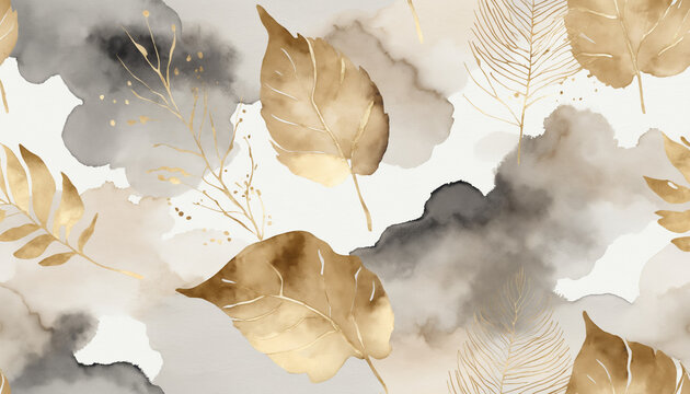 Fond texture aquarelle doux p&acirc;le aplats pastel beige gris feuille dor&eacute; or nature neutre moderne architecte.