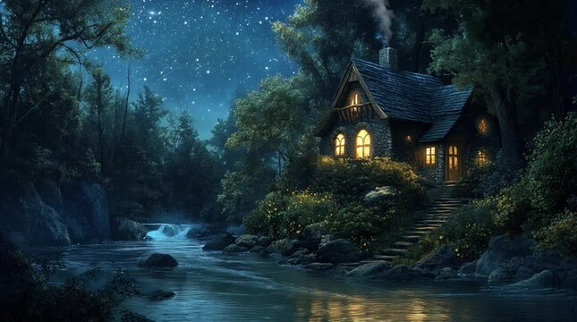 Charming wooden house nestled in a mystical fantasy forest, illuminated under the enchanting night sky.
 Seamless looping 4k time-lapse virtual video animation Generated AI