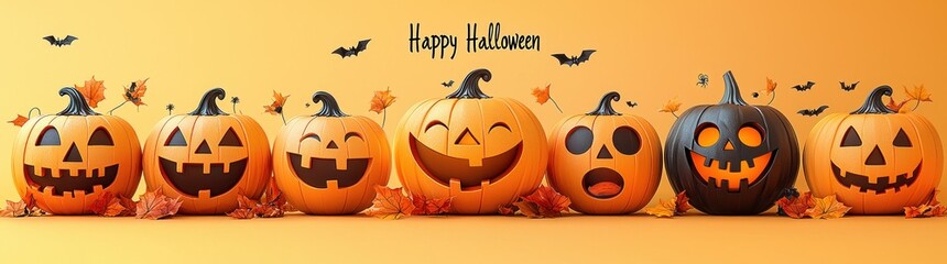 Six pumpkins with various expressive faces lined up against an orange background, displaying emotions ranging from sadness to happiness, Generative AI