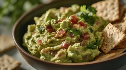 Creamy guacamole served with crunchy crackers, garnished with fresh cilantro, perfect for a tasty snack or appetizer.