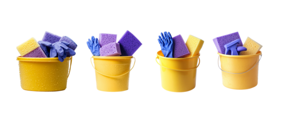 set of bucket of cleaning supplies, a spray bottle with purple and yellow liquid inside, a white background