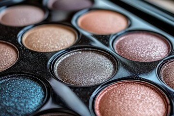Professional circular eyeshadow pans with shimmery bronze gold and brown shades arranged in a sleek palette capturing metallic textures for luxurious beauty looks