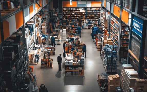 Black Friday home improvement sale, customers browsing through tools and DIY kits, eyecatching sale posters on the walls, and a warehousestyle setting filled with discounted items