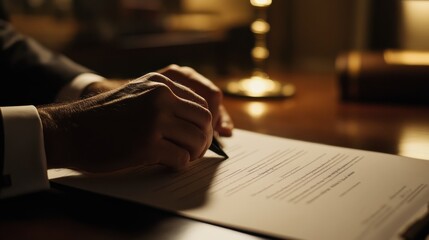 A close-up of a hand signing a document on a desk, illuminated by warm light, with a candle in the background creating a formal atmosphere.