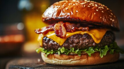 A delicious cheeseburger with crispy bacon, lettuce, and a sesame seed bun, served on a wooden board, highlighting its rich textures and flavors.