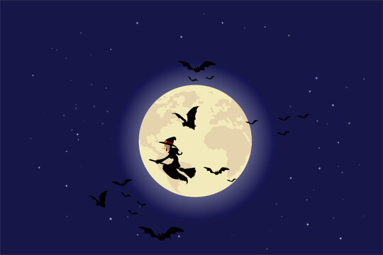 Witch riding a broomstick floating in the sky on Halloween night. A flock of bats was flying amidst the moonlight shining from the large moon.
